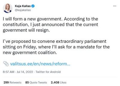 Твит Каллас, в котором премьер-министра Эстонии объявила о том, что для того, чтобы сформировать новое правительство, согласно эстонской Конституции, она должна уйти в отставку 