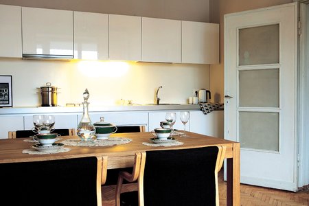 Ties galine svetainės siena įkurdinta virtuvė puikiausiai dera su senutėmis, net neperdažytomis durimis.