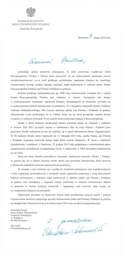 List marszałka Senatu RP Stanisława Karczewskiego