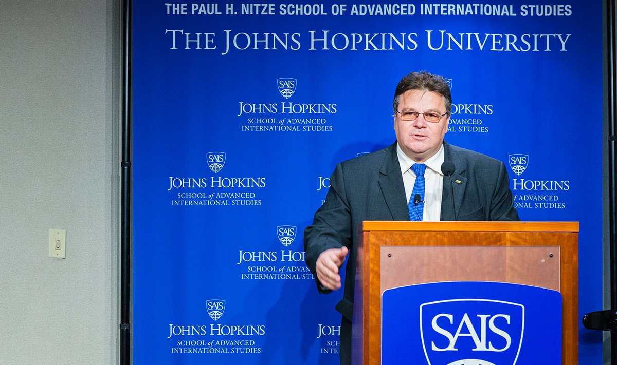 Foreign Minister Linas Linkevičius addresses the audience at the John Hopkins School for Advanced International Studies  Photo Ludo Segers