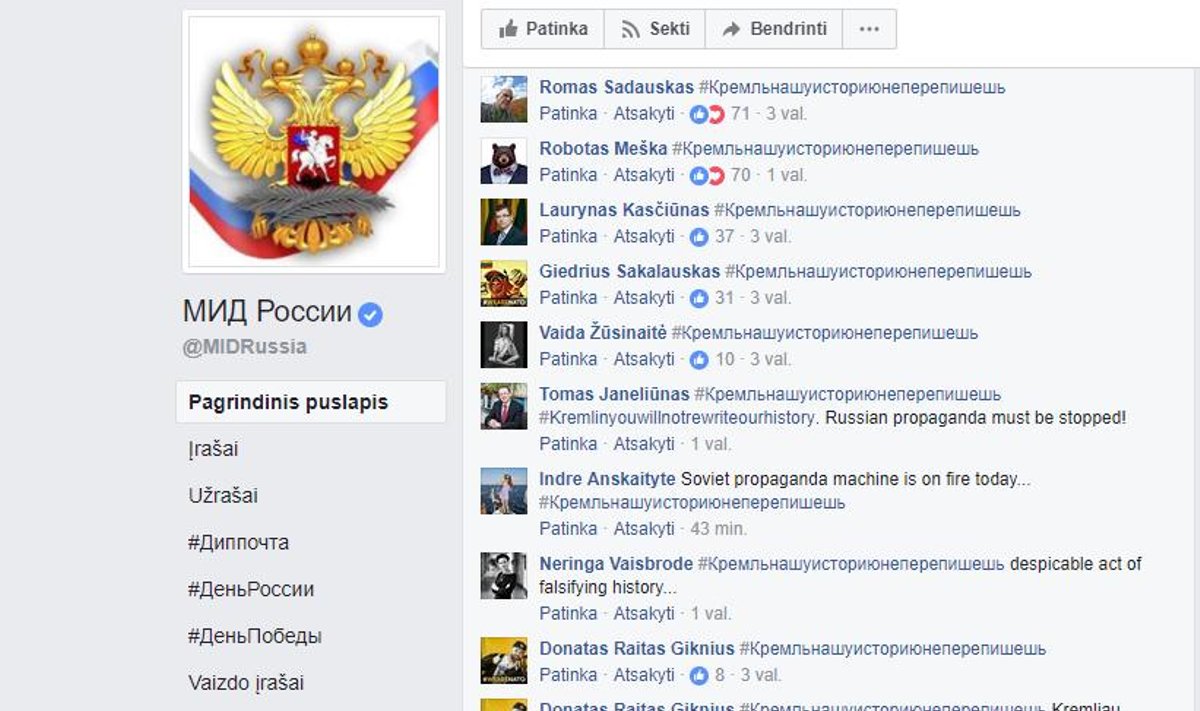 Lithuanians responding to Russian MFA attempts to misinterpret facts about the post-war guerrilla action in Baltic states on Facebook