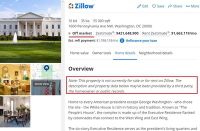 Interneto svetainėje zillow.com skelbiama informacija apie JAV Baltuosius rūmus