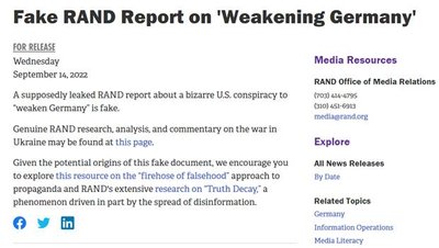 RAND официально заявили, что предполагаемый доклад о конспирологических намерениях США «ослабить Германию» – это фейк