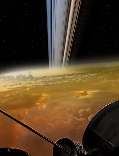 Cassini zondas misijos pabaigoje sudegė Saturno atmosferoje. Dailininko vizualizacija apie paskutinius zondo momentus. Šaltinis: NASA/JPL-Caltech