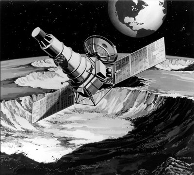JAV Ranger zondų programa buvo skirta Mėnulio tyrimams prieš Apollo. Dailininko vizualizacijoje matome vieną iš Ranger’ių (jie visi iš išorės atrodė beveik vienodai) virš Mėnulio paviršiaus. Šaltinis: NASA, Harry S. Truman Library & Museum