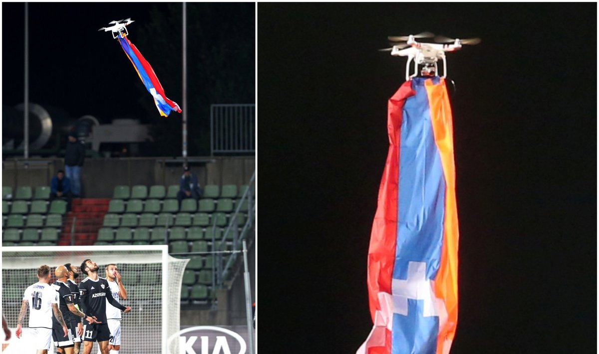 Rungtynes tarp „Dudelange“ ir „Qarabag“ sustabdė dronas su Kalnų Karabacho vėliava