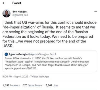Личный Twitter Бена Ходжеса, в котором тот написал, что США стоит по итогам конфликта России с Украиной стремиться к деимпериализации России