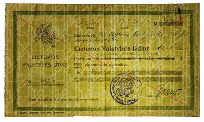 Iždo čekis, išrašytas 4000 auksinų sumai. Alytus, 1920 m. Su vandenženkliu, kuriame pavaizduotas pasikartojančių geometrinių ornamentų raštas. TIM raštijos rinkinys.. Deinarovičiaus nuotr.