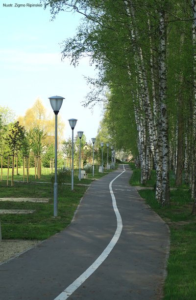 Projektas „Meškuičių miestelio bendruomeninės ir viešosios infrastruktūros kompleksiškas atnaujinimas“ – įrengtas pėsčiųjų takas ir želdynai miestelio parke (Z. Ripinskio foto)