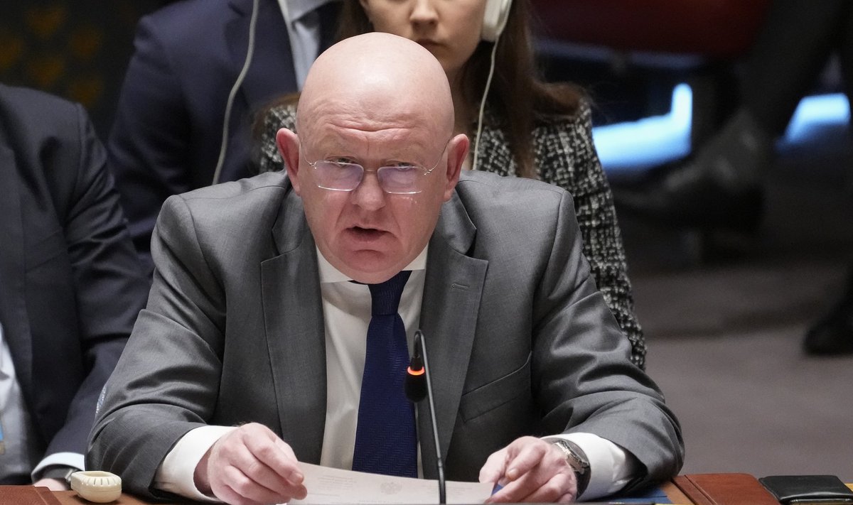 Vasily Nebenzya, Permanent Representative of Russia to the United Nations, speaks during a Security Council meeting, Thursday, Feb. 23, 2023, at United Nations headquarters. (AP Photo/John Minchillo)  UNJM136