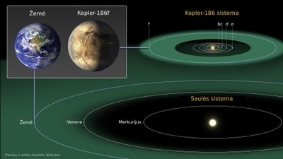 Saulės ir Kepler186 planetų sistemų palyginimas. Žaliai pažymėtos gyvybės zonos, kur gali egzistuoti skystas vanduo