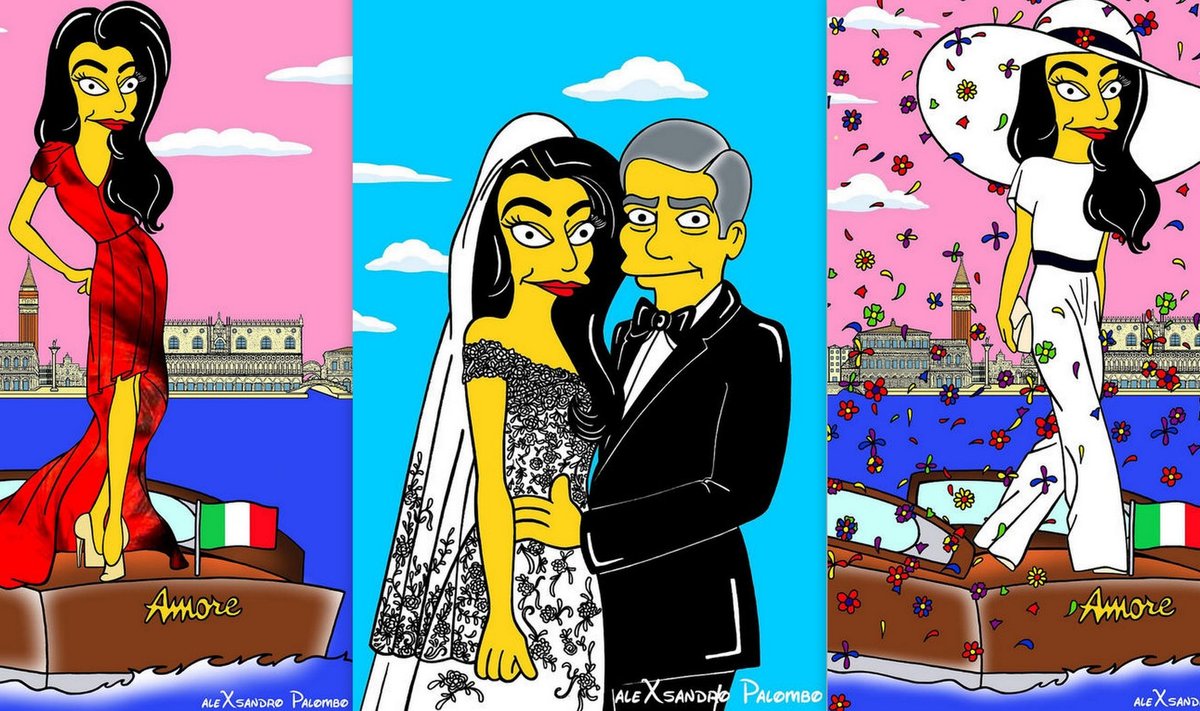 Menininkas AleXsandro Palombo perkėlė aktoriaus George'o Clooney nuotaką Amal Alamuddin į kultinių „Simpsonų“ pasaulį.