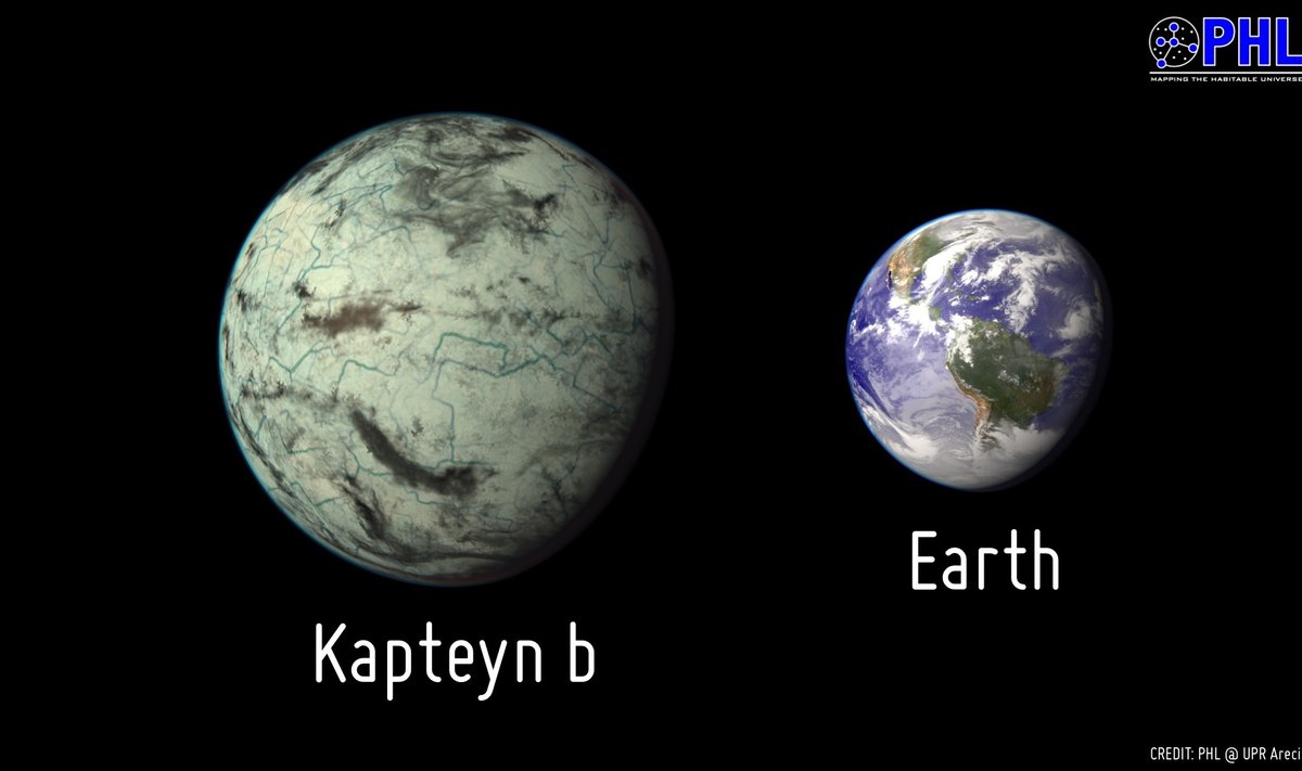 Taip menininkas palygino galimą Kapteyn b ir Žemės išvaizdas (PHL iliustr.)