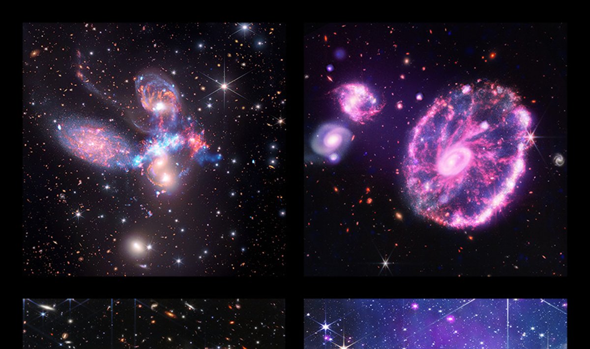 Keturios naujausios kosminių objektų nuotraukos, kuriose sujungti JWST ir Chandra teleskpų duomenys.