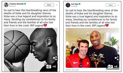 Cristiano Ronaldo ir Luiso Figo užuojauta dėl Kobe Bryanto žūties