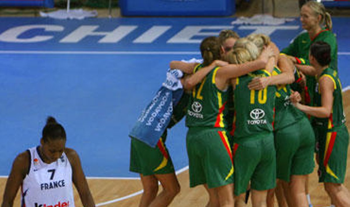 Lietuvos moterų krepšinio rinktinės žaidėjos džiaugiasi pergale prieš Prancūziją