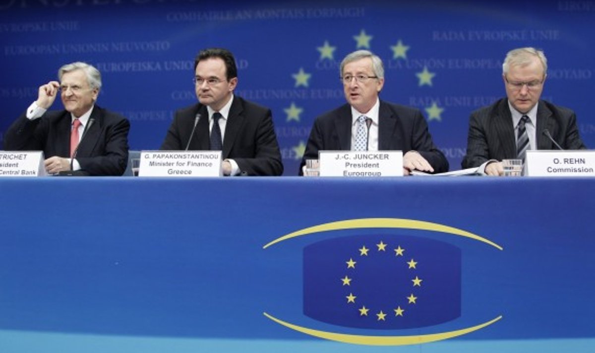 Iš kairės: Jean-Claude Trichet, George Papaconstantinou, Jean-Claude Juncker ir Olli Rehn