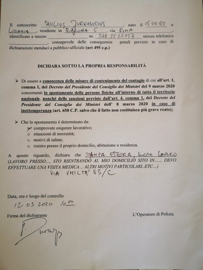 Be specialaus karantino dokumento Italijoje niekas neturi teisės išeiti iš namų / P. Jurkevičiaus nuotr.