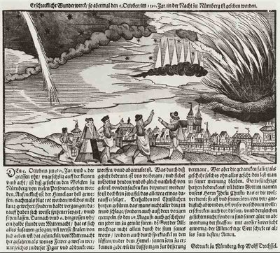 Volfas Drechselis. Šiaurės pašvaistė virš Niurnbergo 1591 metais. Šaltinis: Niurnbergo nacionalinis muziejus