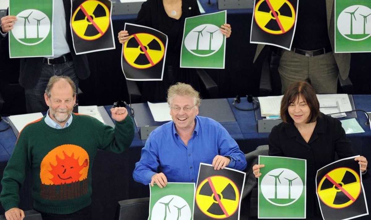 Rebecca Harms (dešinėje) su kitais Žaliųjų aljanso nariais pasisako prieš atominę energetiką