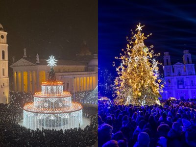 Vilniaus ir Kauno eglutės. Delfi koliažas: Orestas Gurevičius ir Andrius Ufartas