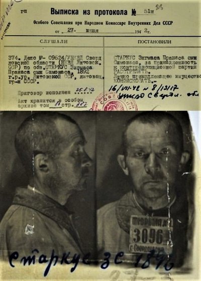 SSRS NKVD bylos fragmentas ir SSRS specialiojo pasitarimo nutarimas sušaudyti Zigmą Starkų – Steigiamojo Seimo narį, ministrą, „Ryto“ dienraščio redaktorių (Lietuvos centrinio valstybės archyvo fondas)