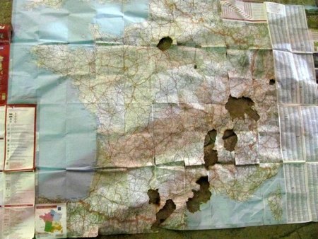 Apdegęs žemėlapis, likęs iš Justinos kelionės po Vakarų Europą