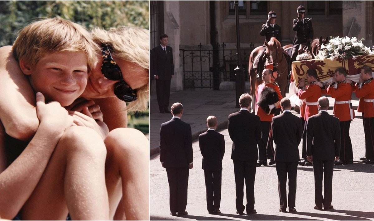 Princesė Diana su sūnumi Harry, princesės Dianos laidotuvės