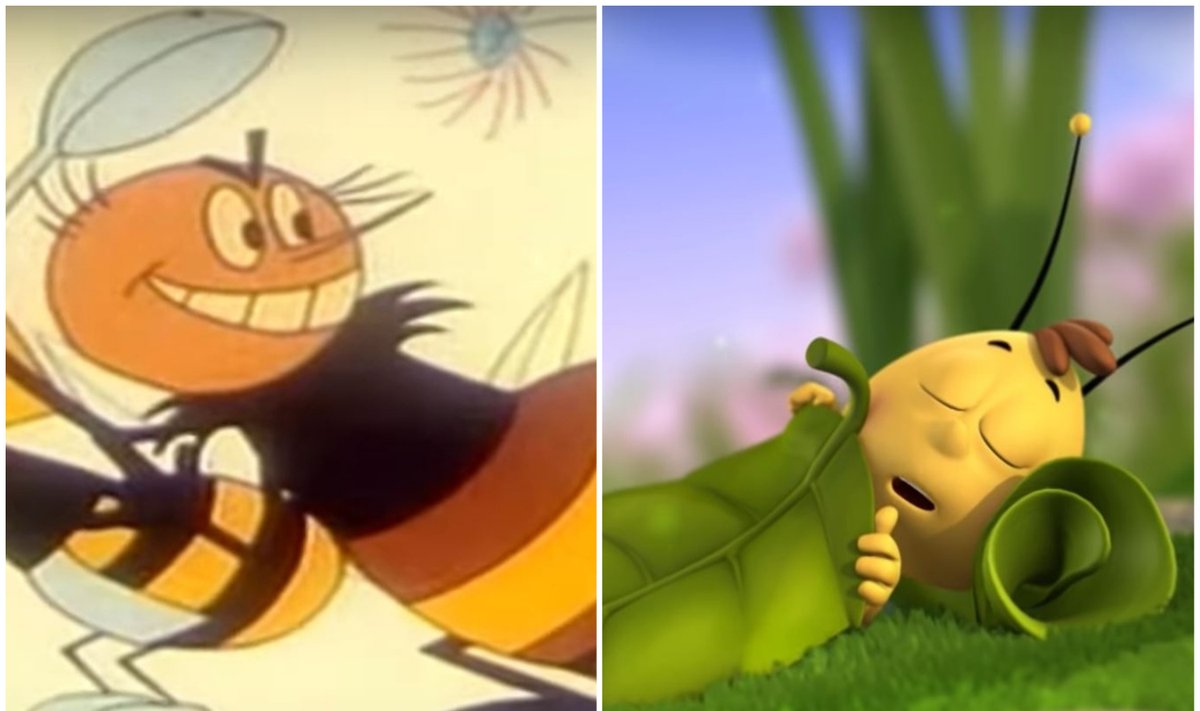 Kadras iš Sovietų Sąjungos animacinio filmo „Bitutė žu žu žu“ (kairėje); kadras iš Vokietijos, Prancūzijos animacinio serialo „Maya the Bee“ (dešinėje)
