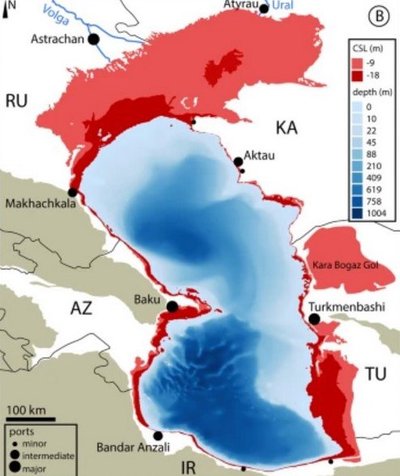 Kaspijos jūros lygio projekcijų −9 m ir −18 m poveikis XXI amžiaus pabaigoje. Raudoni regionai sausėja.