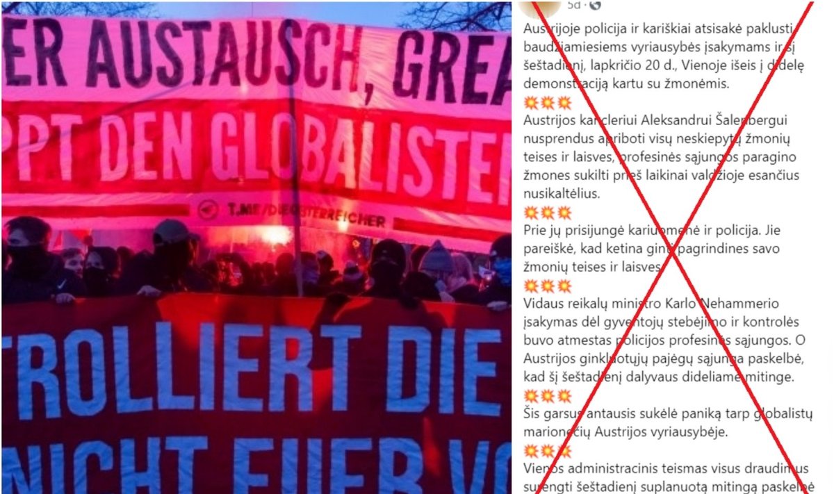 Kairėje – lapkričio 20 d. protesto Austrijoje akimirka; dešinėje – klaidinanti žinutė