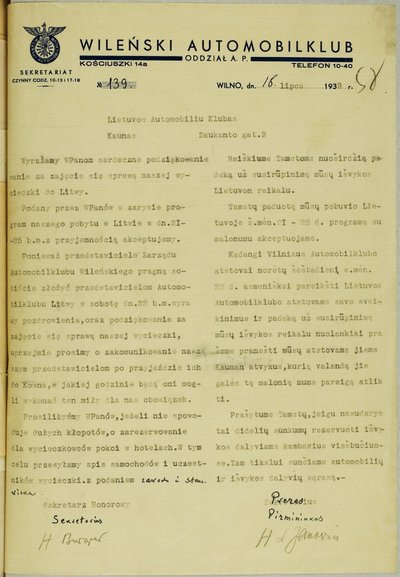 1939 m. liepos 18 d. „WA“ raštas LAK dėl apsilankymo Lietuvoje ir dėl viešbučių rezervacijos. LCVA