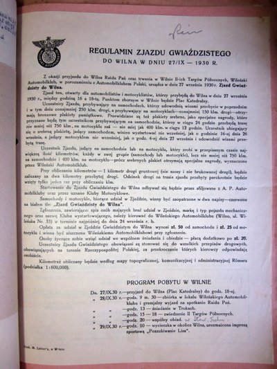 1930 metų žvaigždinio važiavimo į Vilnių taisyklės. LCVA