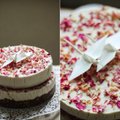 Žaliavalgiškas svajonių tortas su rožių žiedlapiais ir naminis šokoladas