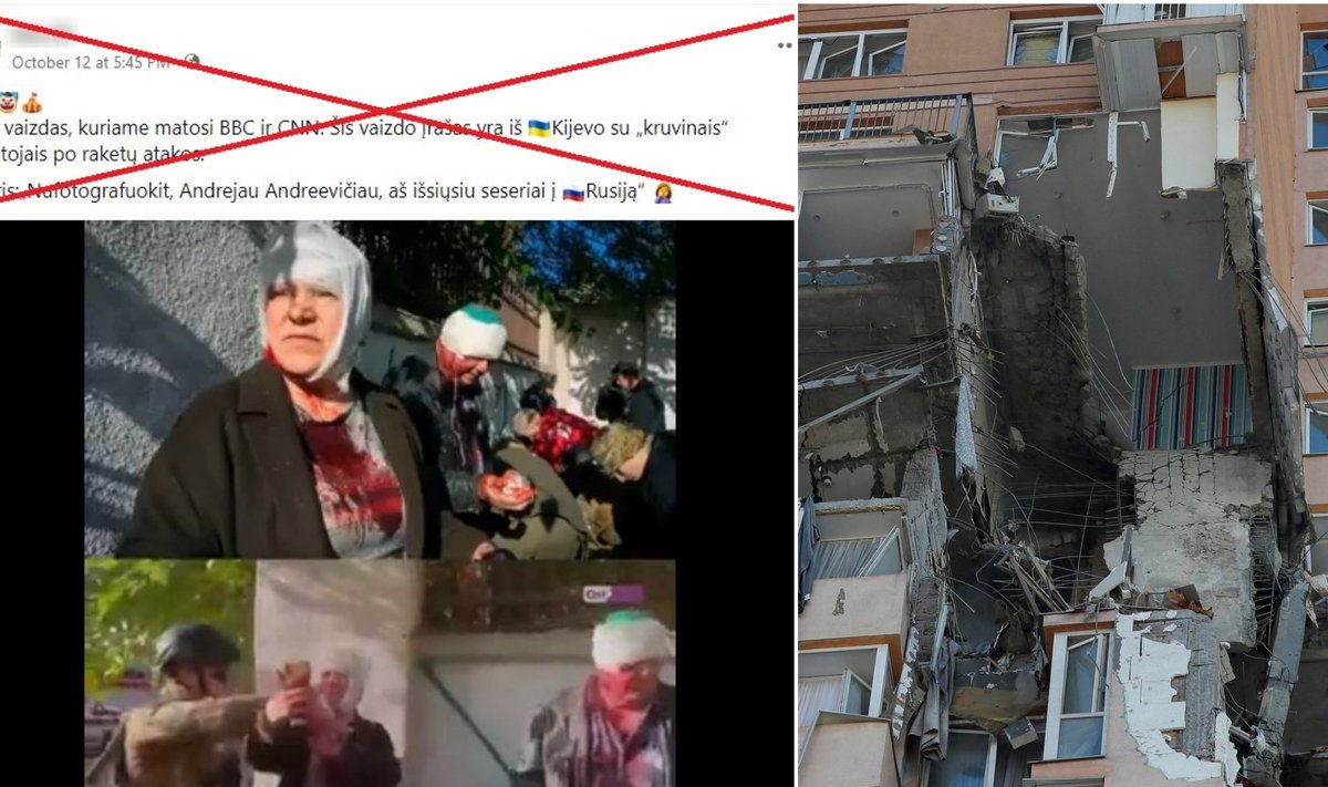 Kairėje - melaginga žinutė, dešinėje - 2022 m. vasario mėn. Rusijos paleistos raketos padaryta žala Kijevo daugiabučiui