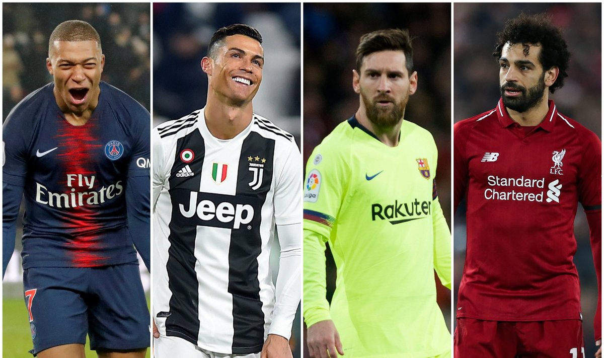 Kylianas Mbappe, Cristiano Ronaldo, Lionelis Messi, Mohamedas Salahas