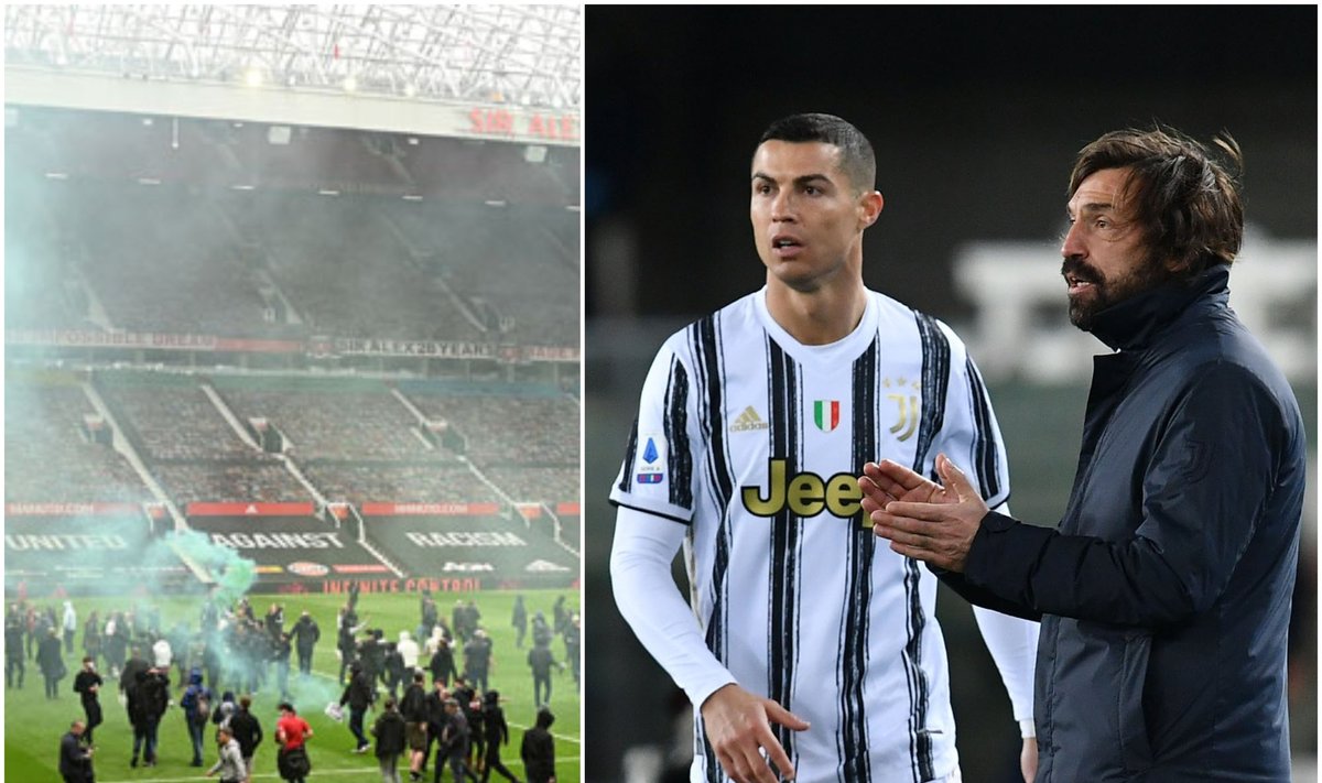(iš kairės) "Manchester United" aistruolių protestas, Cristiano Ronaldo, Andrea Pirlo