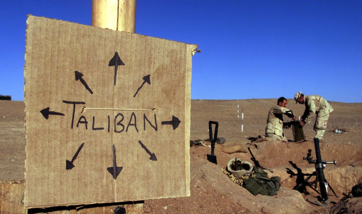Ženklas, įspėjantis apie Talibano kontroliuojamą teritoriją Afganistane