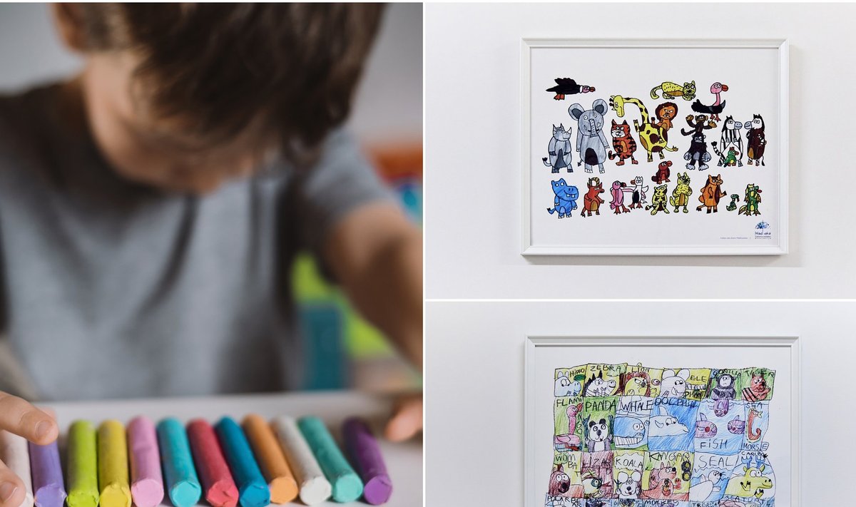 Dešinėje – Aisčio piešiniai, kai jam buvo 9 metai, jie eksponuojami Santaros klinikų Vaiko raidos centre. 