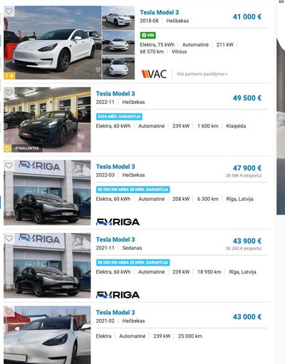 Galiniais ratais varomų „Tesla Model 3“ automobilių kainos skelbimų portaluose (ekrano nuotr.)