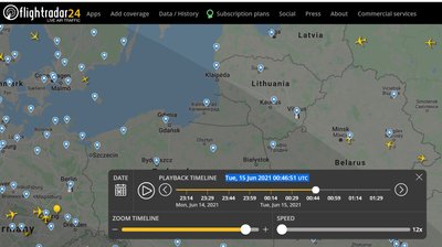 Apie 03:45-03:49 Lietuvos laiku (00:45-00:49 UTC) jokių orlaivių netoli Vilniaus nebuvo. Flightradar24.com iliustr.