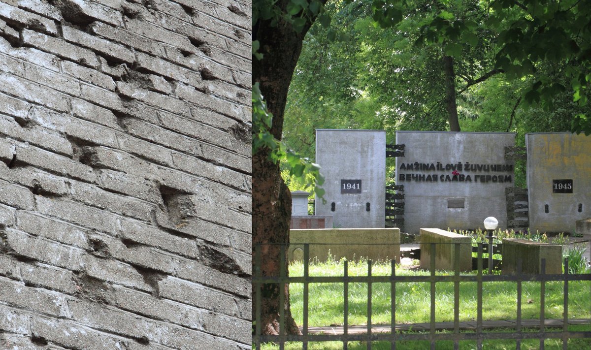 1944 m. kovų pėdsakai ant Skuodo senamiesčio namo sienos / Skuodo sovietinių karių kapinės Skuodo centre (2017 m.)