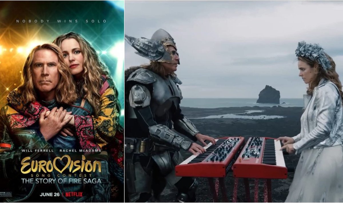 Filmo "Eurovision Song Contest: The Story of Fire Saga" plakatas ir kadras