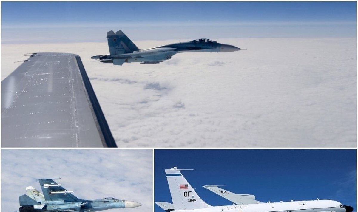 Russian fighter Su-27 and American reconnaissance aircraft RC-135