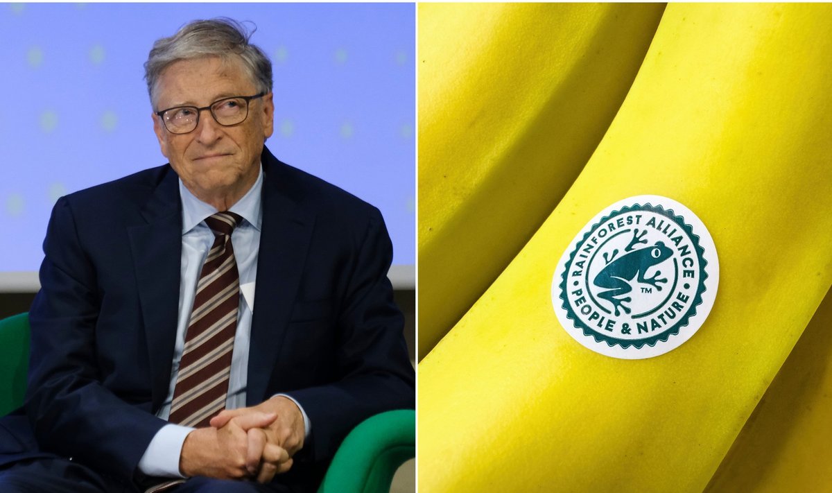 Kairėje – Billas Gatesas, dešinėje – organizacijos „Rainforest Alliance“ logotipas