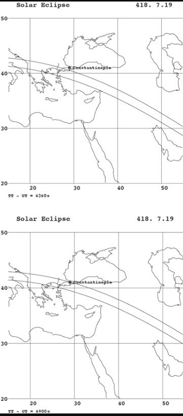 418 metų užtemimo zona pagal seną Žemės sukimosi modelį (viršuje) ir pagal pataisytą modelį (apačioje). Pagal senąjį modelį pilno užtemimo juosta (kreivės iš šiaurės vakarų į pietryčius) ėjo į pietvakarius nuo Konstantinopolio, tačiau šiame mieste buvo matomas pilnas užtemimas. Šaltinis: Hayakawa ir kt. (2022), Publications of the Astronomical Society of the Pacific