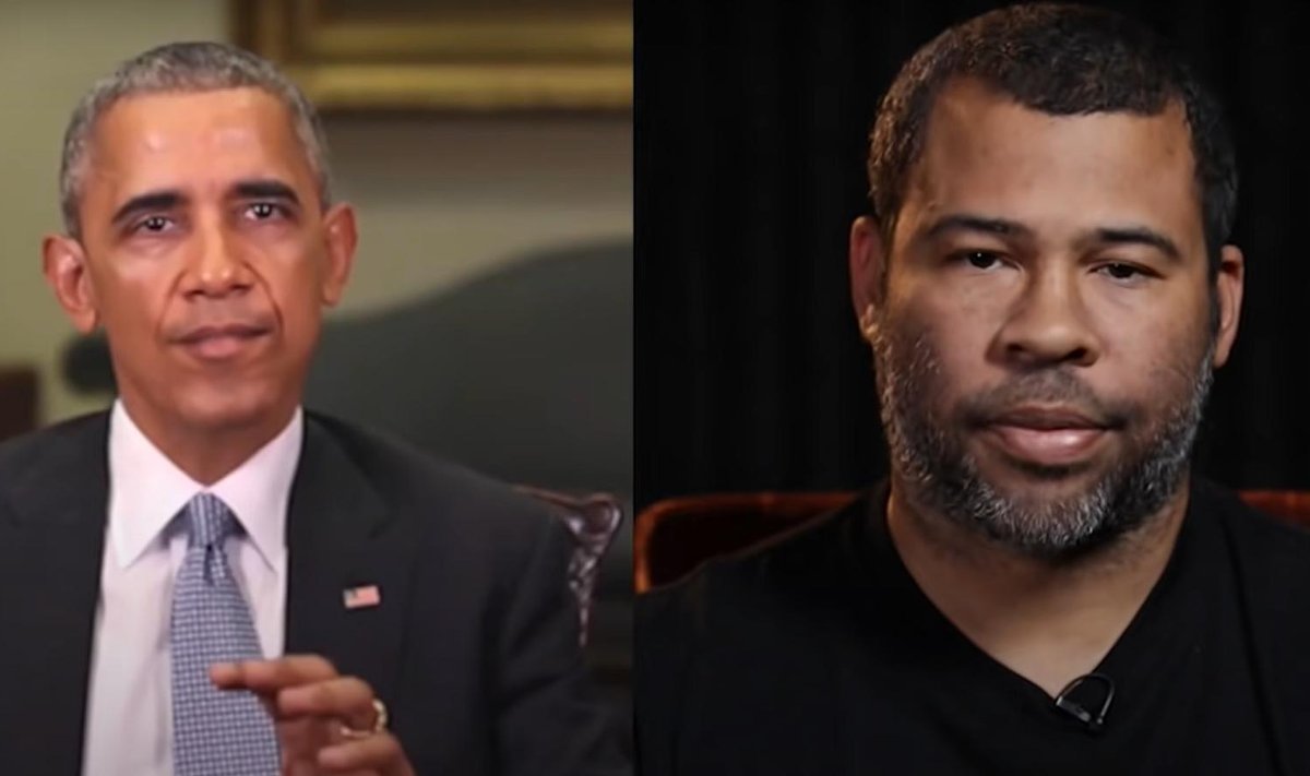 Kairėje pusėje – „deepfake“ metodu sukurtas JAV prezidentas Barackas Obama, dešinėje – jo lūpomis kalbėjęs aktorius Jordanas Peele. Šaltinis: „Youtube“ ekrano nuotrauka