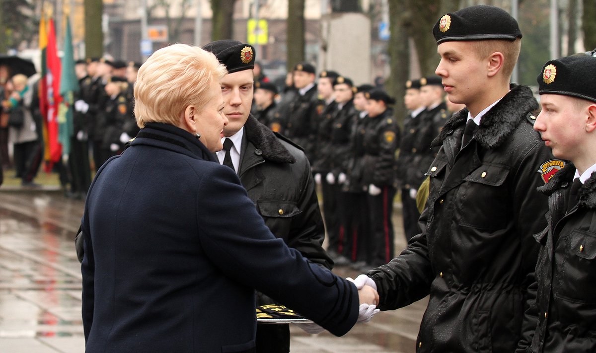 Dalia Grybauskaitė at the General P. Plechavičius school with cadets in Kaunas