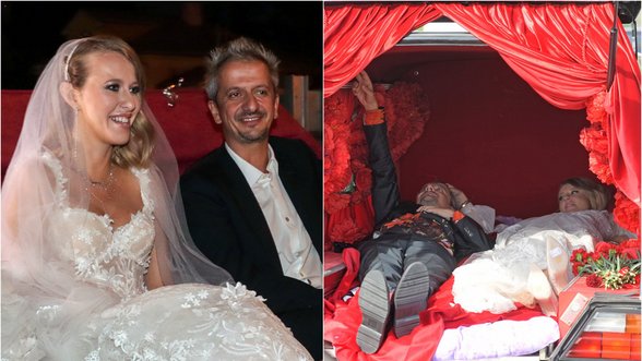 Rusų žvaigždžių vestuvių akibrokštas sukėlė pyktį: jaunieji į ceremoniją atvyko gulėdami katafalke