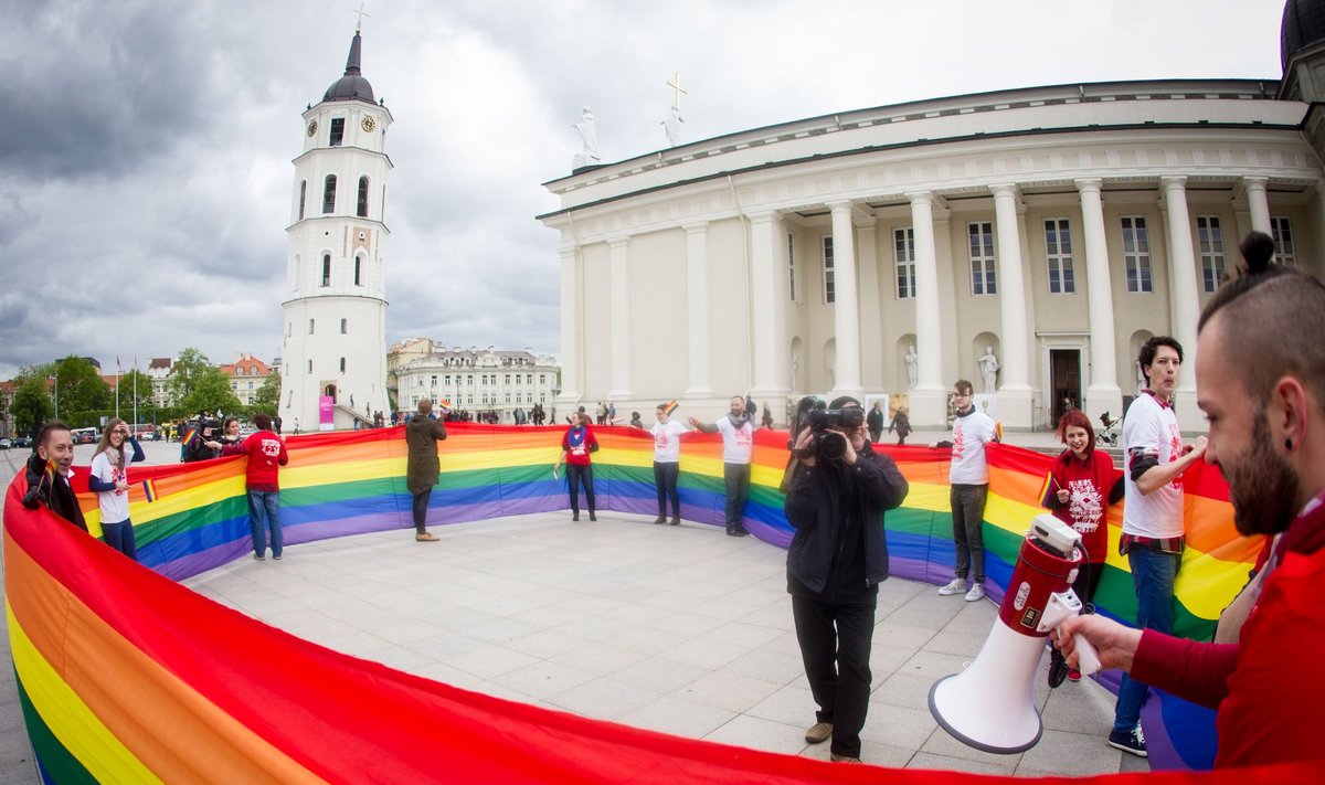 Rainbow flag at Vilnius Cathedral Square. Photo by Augustas Didžgalvis, LGL